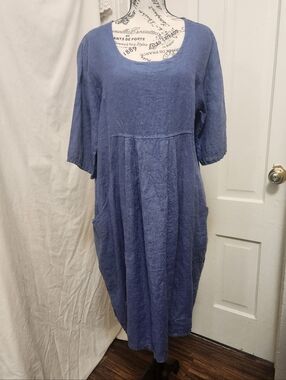 WoolOvers 100% Linen Relaxed Tunic Pocket Dress Blue Size 8 EUC